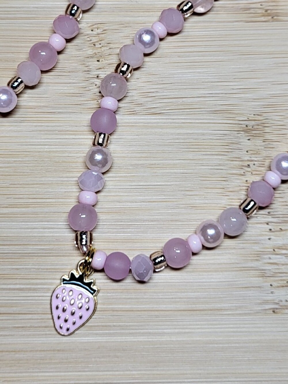 Strawberry Charm Bracelet Pink Beaded Rose Quartz Jewelry Soft Feminine